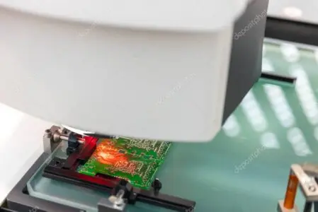 Technician performing PCB quality checks in assembly area